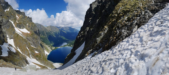 Morskie Oko. High Tatras, Poland, May 27, 2018. Beautiful landscape of snowy mountain tops and the lake between them. © volff