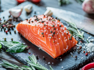 Fresh salmon fillet on black cutting board with herbs and spices.