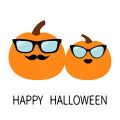 Happy Halloween Pumpkin family love couple. Funny creepy smiling face. Lips and moustaches. Eyeglasses Sunglasses. Cute cartoon baby character. Greeting card. White background. Flat design.