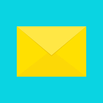 Email icon. Yellow paper envelope. Letter template. New message sign symbol. Unread notification. Flat design. Blue background. Isolated.