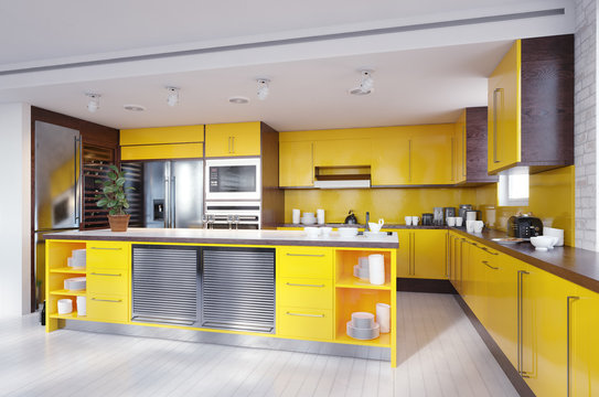 modern yellow color kitchen interior.