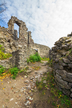 inner courtyard of Nevytsky castle ruins. popular tourist destination in Ukraine. beautiful autumn weather