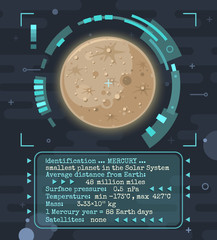 Naklejka premium Vector concept illustration of Mercury the smallest planet in the Solar system, ID card with main information. Futuristic poster with HUD interface display elements. Space background in flat style