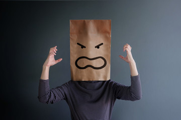 Customer Experience or Human Emotional Concept. Woman Covered her Face by Paper Bag and present Angry Feeling by Drawn Line Cartoon and Body Language