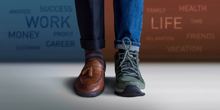 Work Life Balance Concept. Low Section of a Man Standing with Half of Working Shoes and Casual Traveling Shoes, Blurred Text on the Wall as background