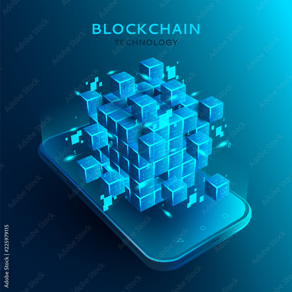 Poster abstract banner with blockchain concept. 3d abstract digital blocks or cubes constructs database. te