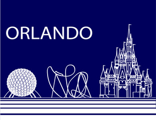 Orlando, Florida; September 21, 2018: Orlando colorful lettering on black backround .  Vector with travel icons and fireworks. Art Postcard.