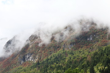 Dichte Wolken an Felswand im Gebirge, Bohinj, Slowenien