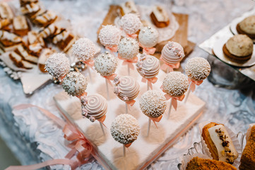 Beautiful cake pops. Colorful table with sweets and goodies for the wedding party reception, decorated dessert table. Delicious sweets on candy buffet. Dessert table for a party. cakes, cupcakes.