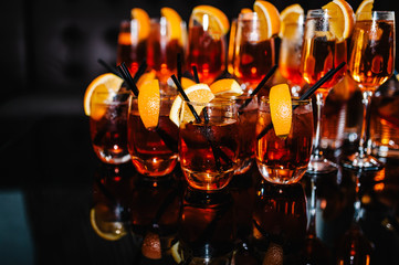 Selection of alcoholic drinks. Set of wine, brandy, hard liquor, liqueur, tincture, cognac, whiskey in glasses. Large variety of alcohol and spirits drink. Copy space for text.