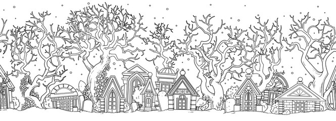 Seamless Halloween background with abandoned cemetery with old crypts and trees outlined for coloring page