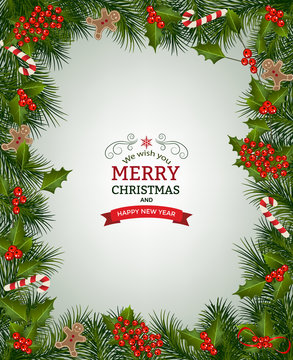 Christmas background with fir branch borders and decorative elements.Christmas border with trees, berry, and other Christmas ornaments