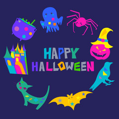 Happy Halloween typography with spooky elements on a blue isolated background