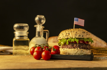 Closeup hamburger with black background