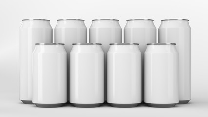  White soda cans standing in two raws on white background