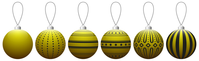 Collection of yellow glass Christmas balls with pattern hanging on a thread. Vector EPS 10