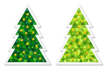 Set of abstract coniferous trees stickers consisting of triangles and decorated with stars. Two shades of green. Vector EPS 10