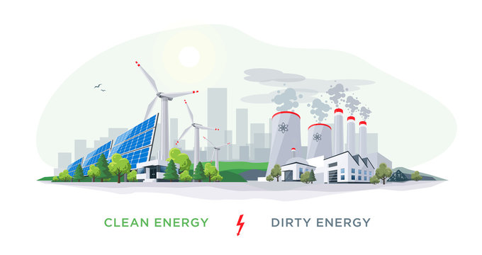Vector illustration showing clean and dirty electricity generation production. Polluting fossil thermal coal and nuclear power plants versus clean solar panels and wind turbines renewable energy.