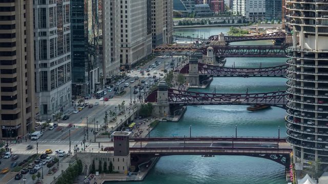 Downtown Chicago River Boat and Traffic Day Timelapse