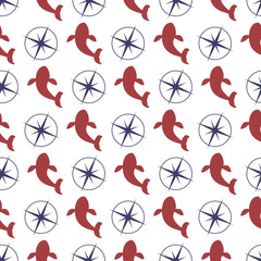 Nautical seamless pattern with whale and compass.
