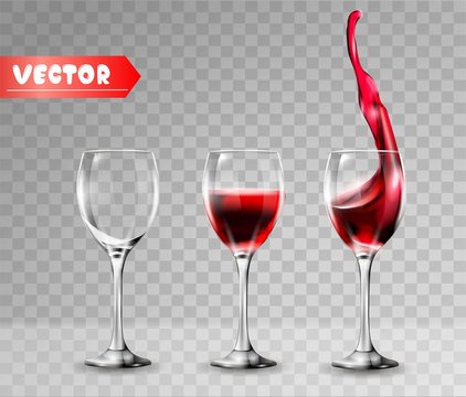 Transparency wine glass. Empty and full. Red wine,splash. 3d realism, vector icon.