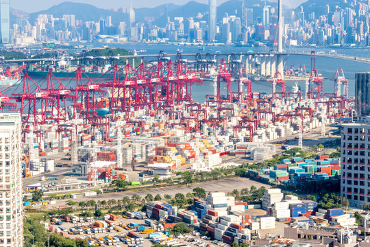 Hong Kong view with its ports and sea commerce trading