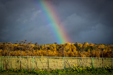 landscape with a fence, a gray autumn sky and rainbow