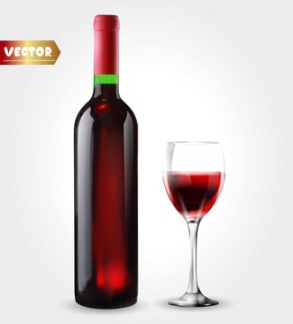 Bottle of wine and wineglass. Red splash. 3d realism, vector icon with transparency.