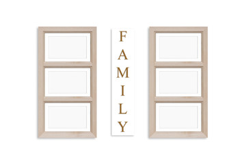 Wooden photo frames for six family pictures collage. Home, office, studio or gallery interior decor mock up