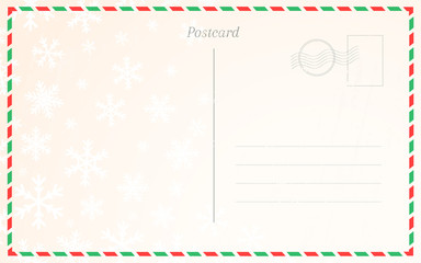 Old postal card template with winter snowflakes. Postcard back design for Christmas and New Year greetings.