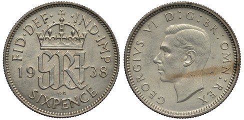 Great Britain British silver coin 6 six pence 1938, crowned monogram divides date, head of King George VI left,