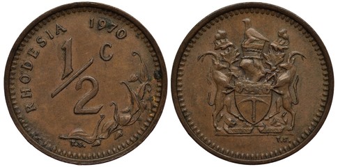 Rhodesia Rhodesian coin 1/2 half cent 1970, value in center, sprig at right, arms, two antelopes support shield with pick, bird idol on top, 