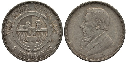 South African Republic Transvaal silver coin 2 two shillings 1897, coat of arms with lion, hunter and wagon in center, bust of President Kruger left,