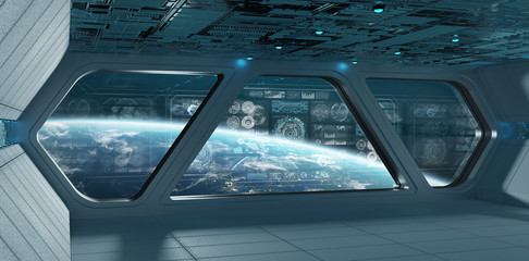 Blue spaceship interior with control panel screens 3D rendering