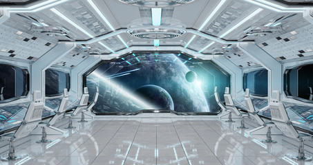 White clean spaceship interior with view on planet Earth 3D rendering