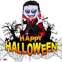 Fototapeta na wymiar Happy Halloween Design template with Dracula on white isolated background. Vector illustration.