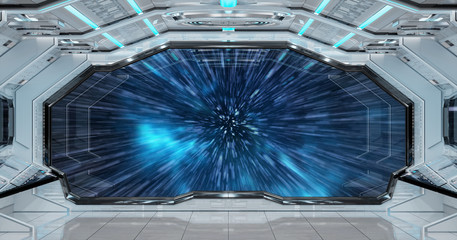 White clean spaceship interior with view on planet Earth 3D rendering
