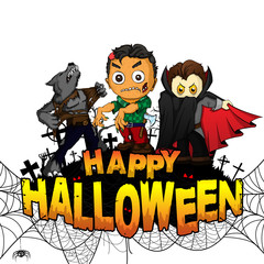 Happy Halloween  Design template with Dracula, zombie and werewolf on white isolated background. Vector illustration.