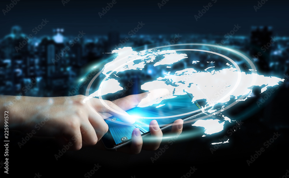 Aufkleber businesswoman using digital world map interface 3d rendering