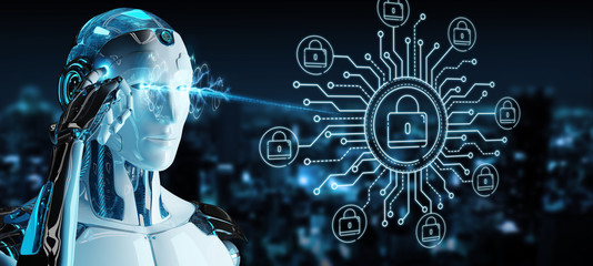 White robot on blurred background hacking and accessing private cyber datas