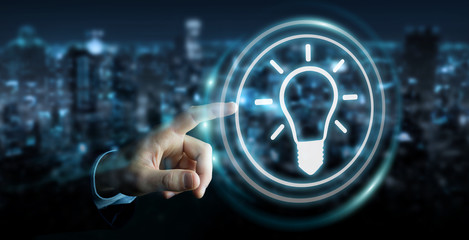 Businessman using lightbulb idea interface 3D rendering