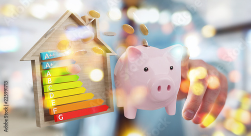 Businessman saving money with good energy chart rating 3D rendering