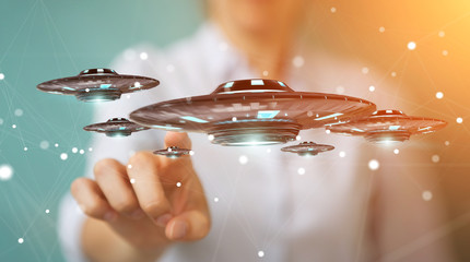 Businesswoman with retro UFO spaceship 3D rendering