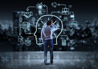 Businessman watching thin line icon project plan presentation