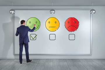 Businessman drawing thin line customer satisfaction rating on the wall