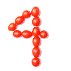 Number four. The figure is made of tomatoes on a white isolated background.