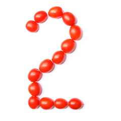 Number two. The figure is made of tomatoes on a white isolated background.