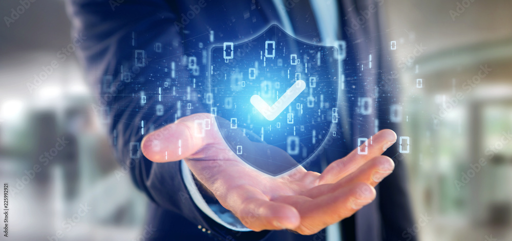 Poster man holding a shield web security concept 3d rendering