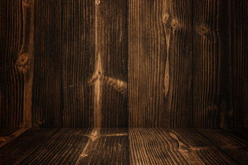 Grunge dark wood background wall and floor. wooden texture. surface, display backdrop, put product.