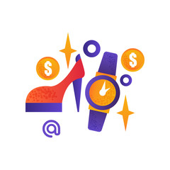 Shopping symbols, female shoe, wrist watch, internet shopping, e-commerce concept vector Illustration on a white background